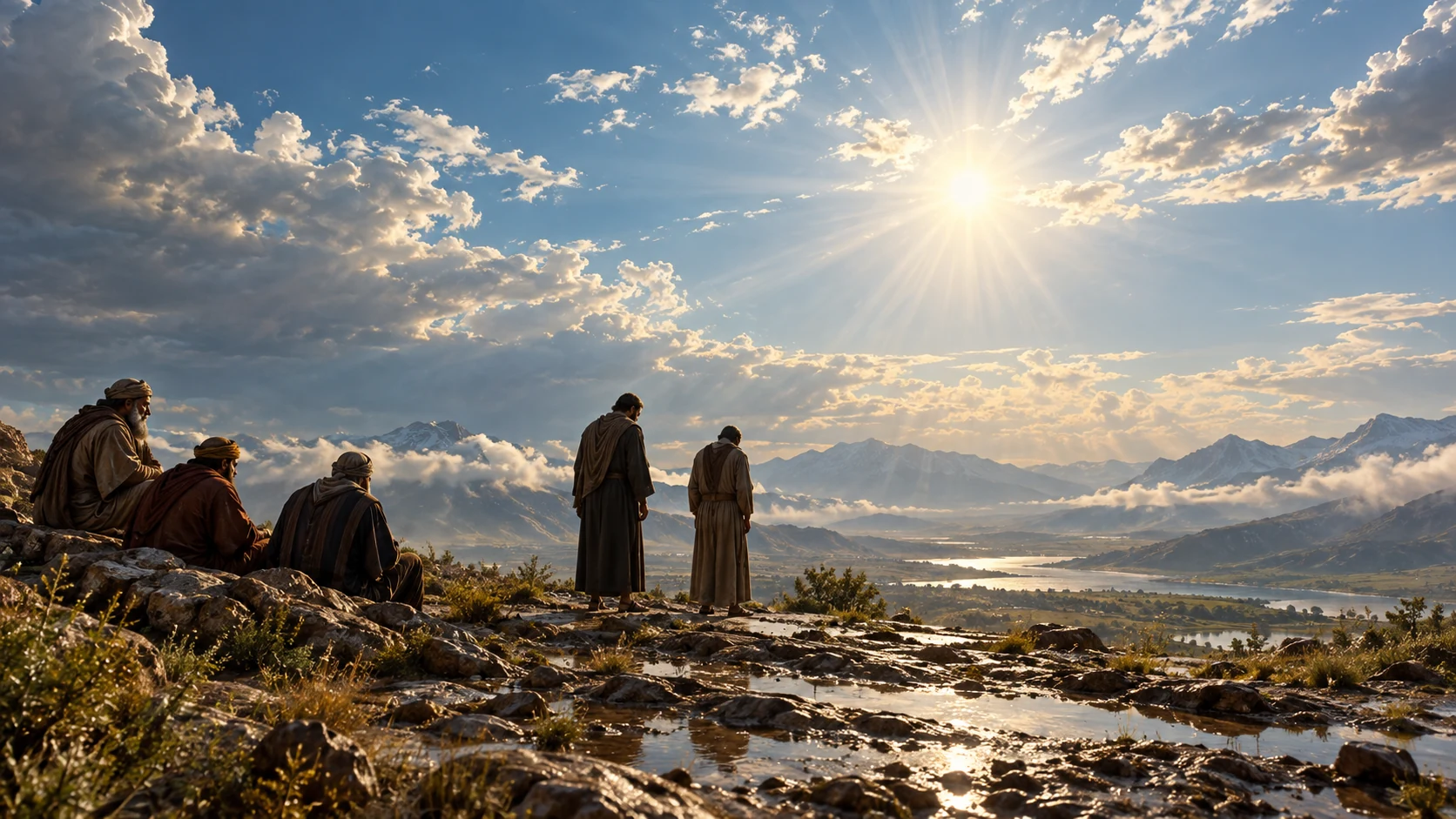 The five men stand or sit in humbled silence beneath a vast clear sky after rain.