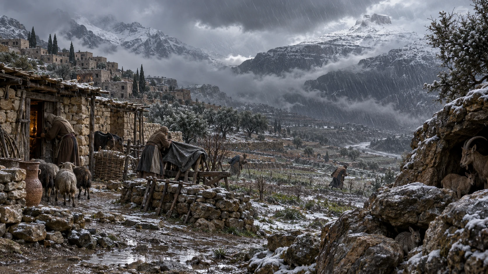 Snow and cold rain cross a mountain settlement as workers and animals seek shelter.