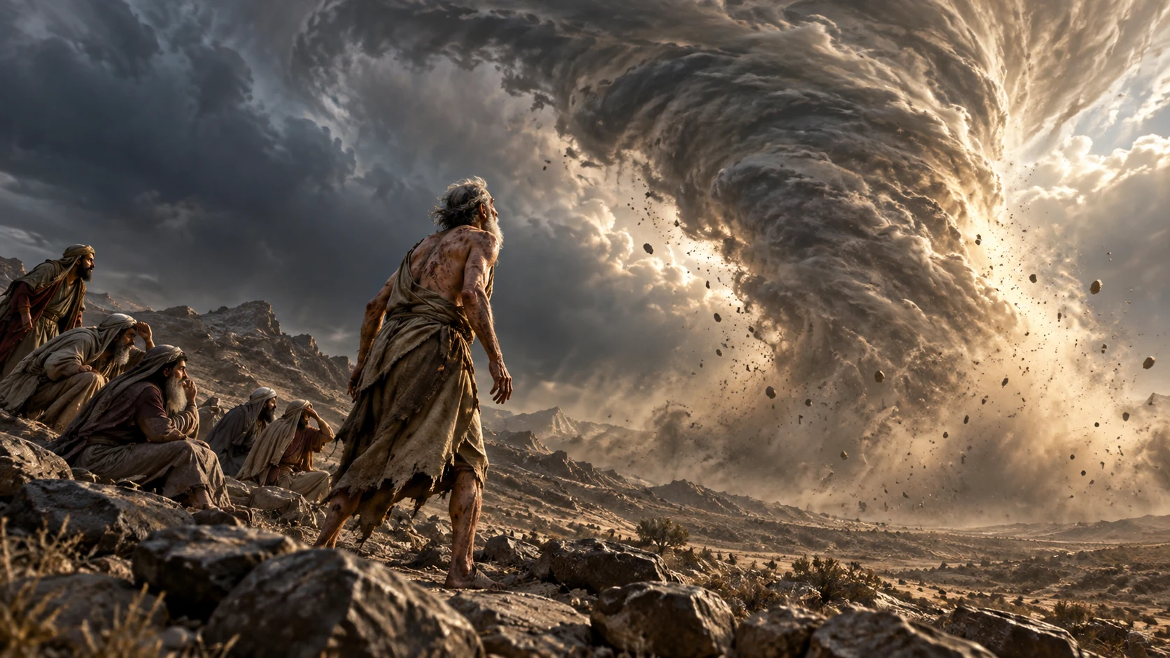 Job rises before an immense natural whirlwind while Elihu and the three friends fall silent.