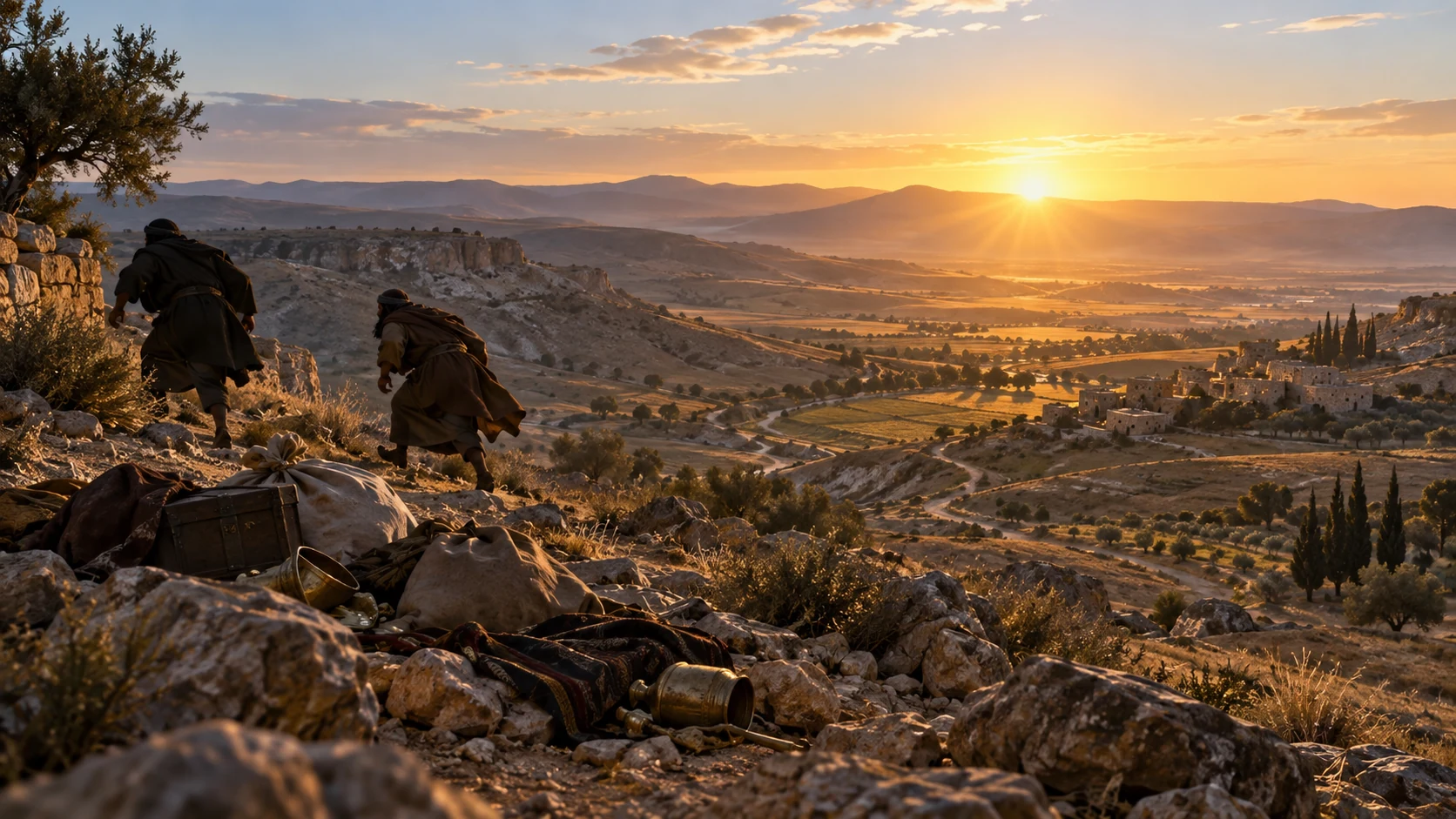 Dawn reveals a broad landscape as thieves leave stolen goods and retreat from the light.