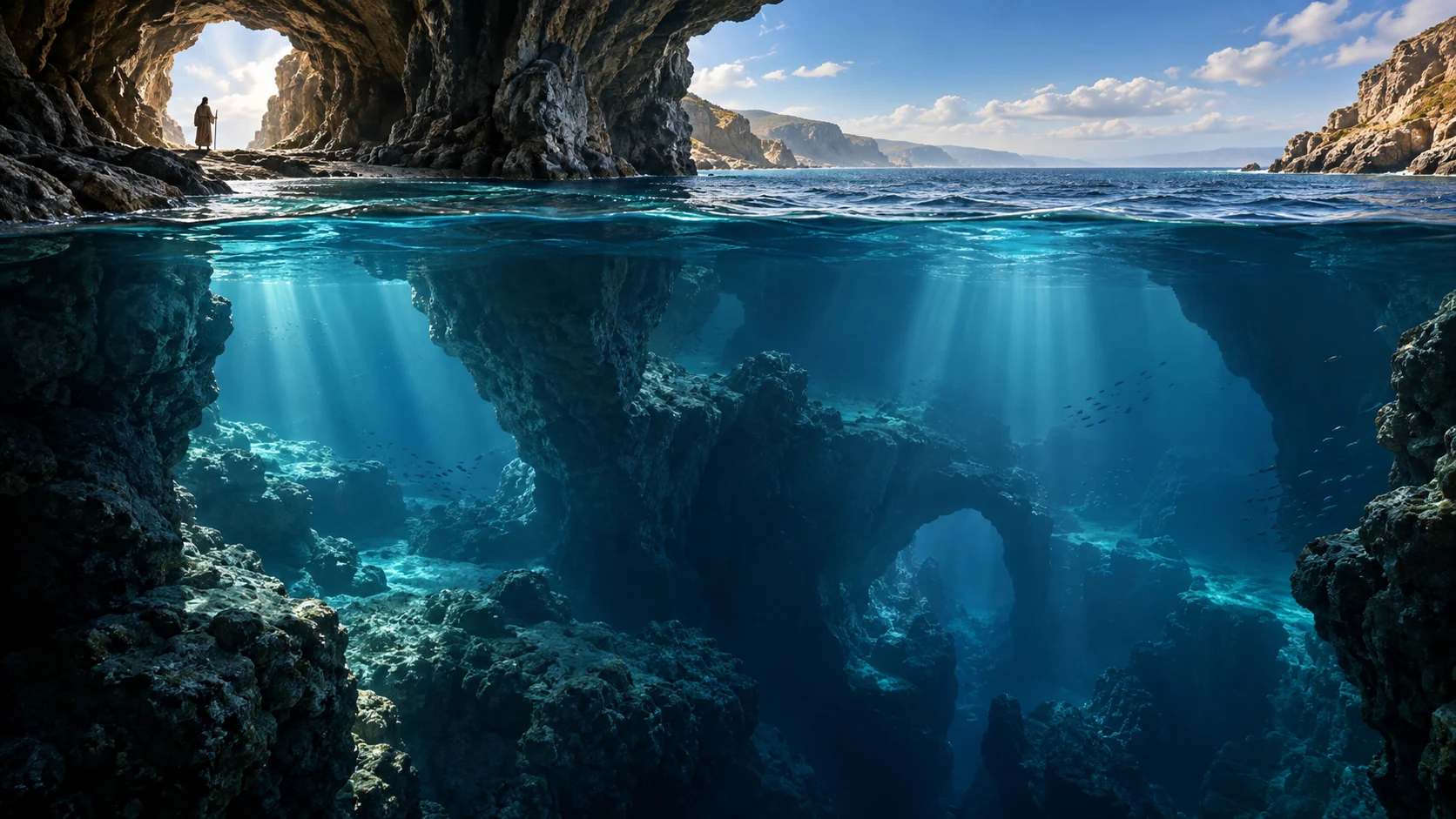 Job stands above a coastal cavern whose submerged passages descend beyond his sight.