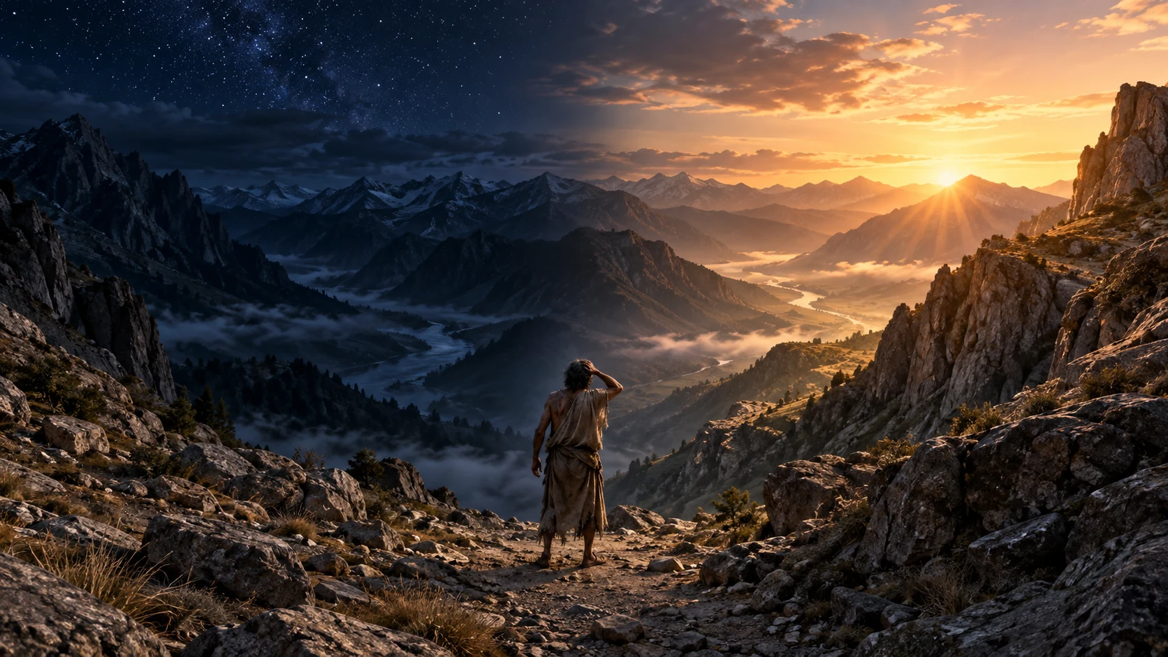 Job stands between a starry valley and a ridge brightening with sunrise.