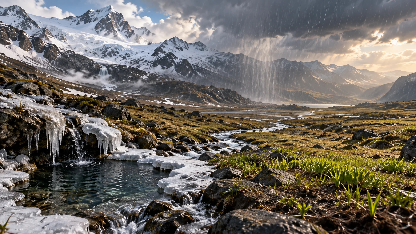 Snowy heights, rain-fed channels, new grass, and ice share one vast highland basin.