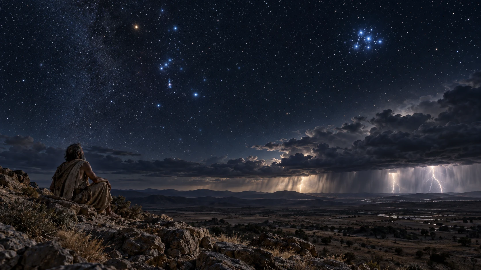 Job watches Orion and the Pleiades above a distant thunderstorm watering dry ground.