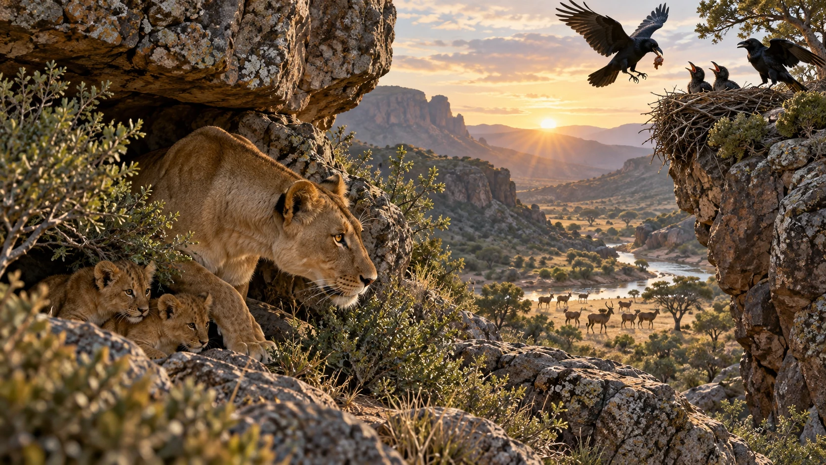 A lioness guards her cubs as parent ravens return to their hungry young.