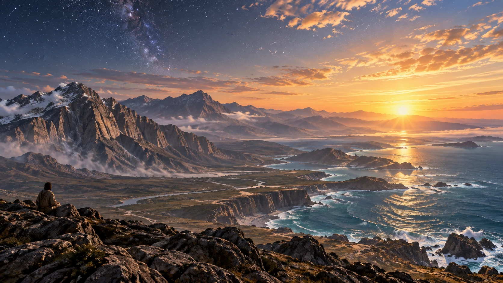A tiny Job overlooks mountains, shorelines, stars, and the first light of dawn.