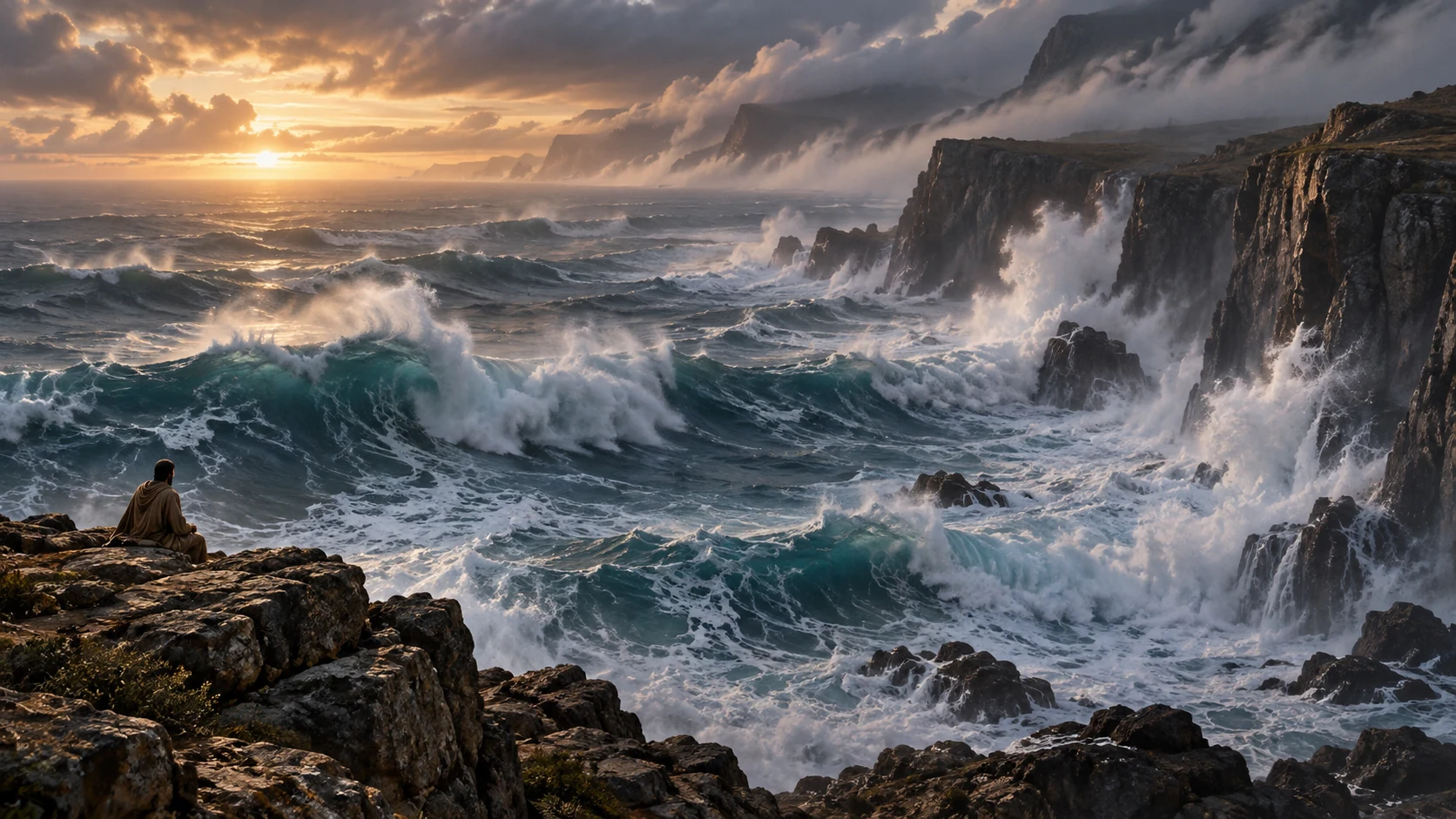 Job watches waves break against a firm line of cliffs beneath low clouds.