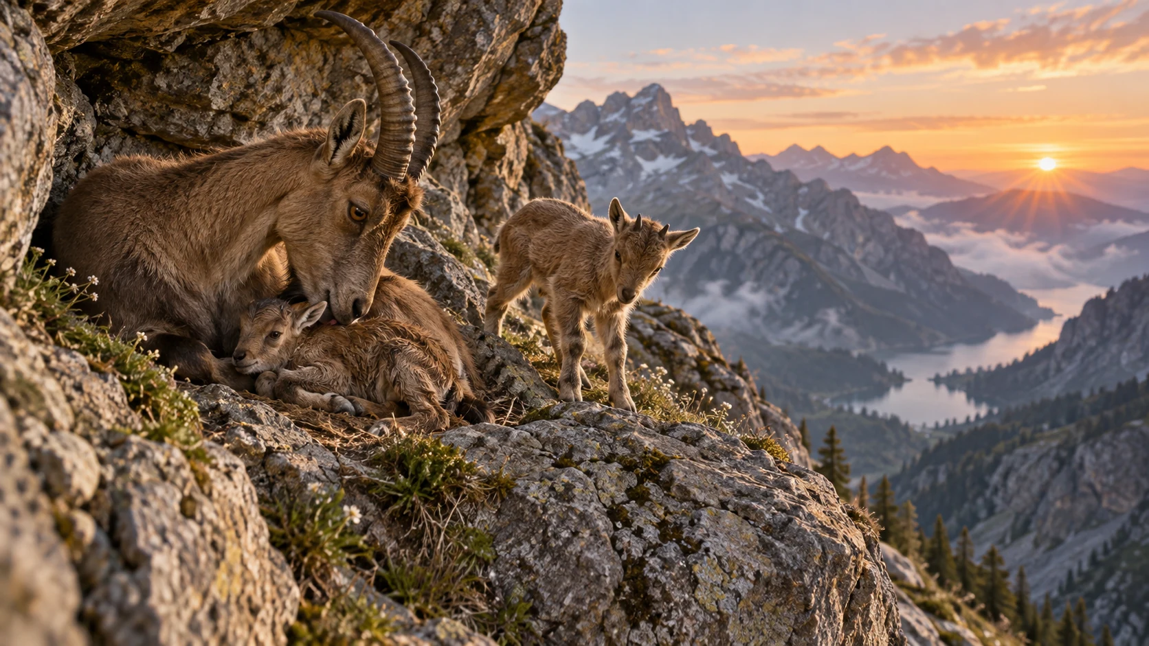 An ibex mother shelters a newborn kid while another young goat rises on a mountain ledge.