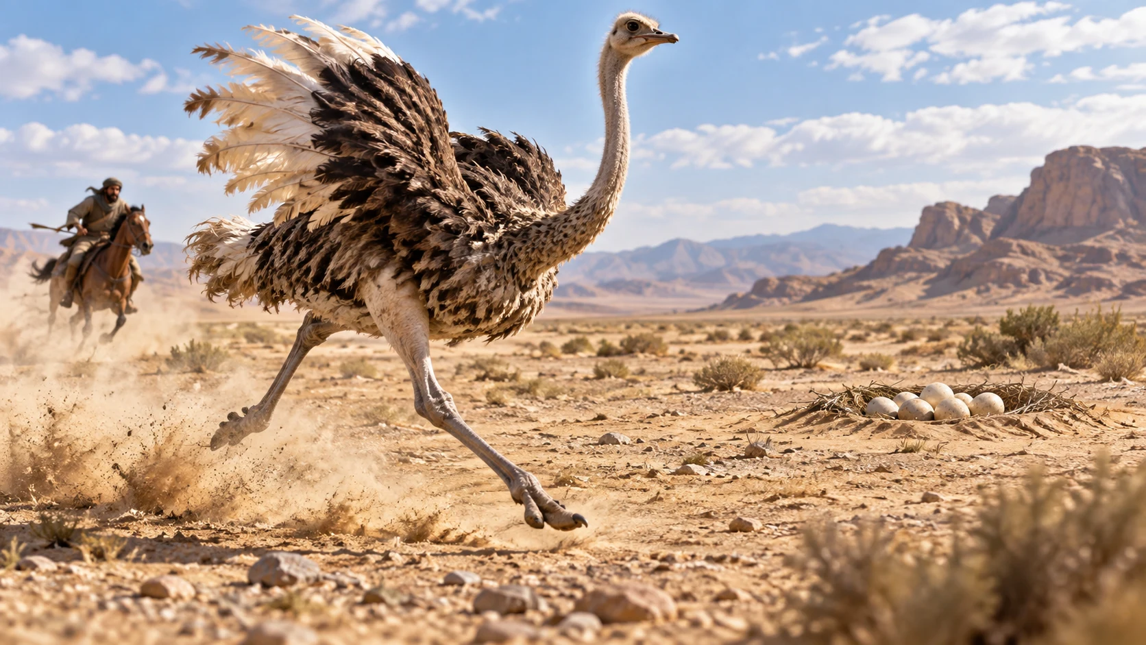 An ostrich races across desert ground past her nest while a rider follows far behind.