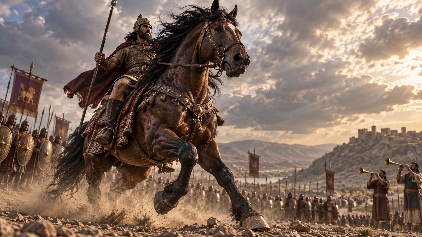 A warhorse surges before an ancient muster as trumpeters and shield bearers assemble.
