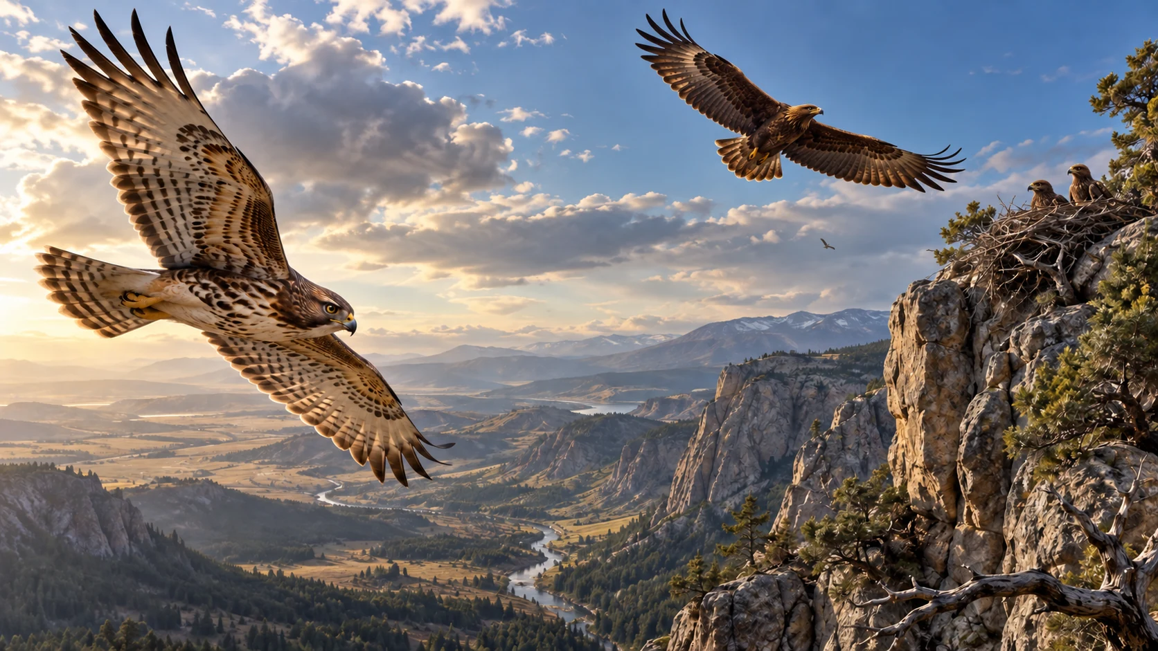 A hawk rides the seasonal wind while golden eagles circle above a cliffside nest.
