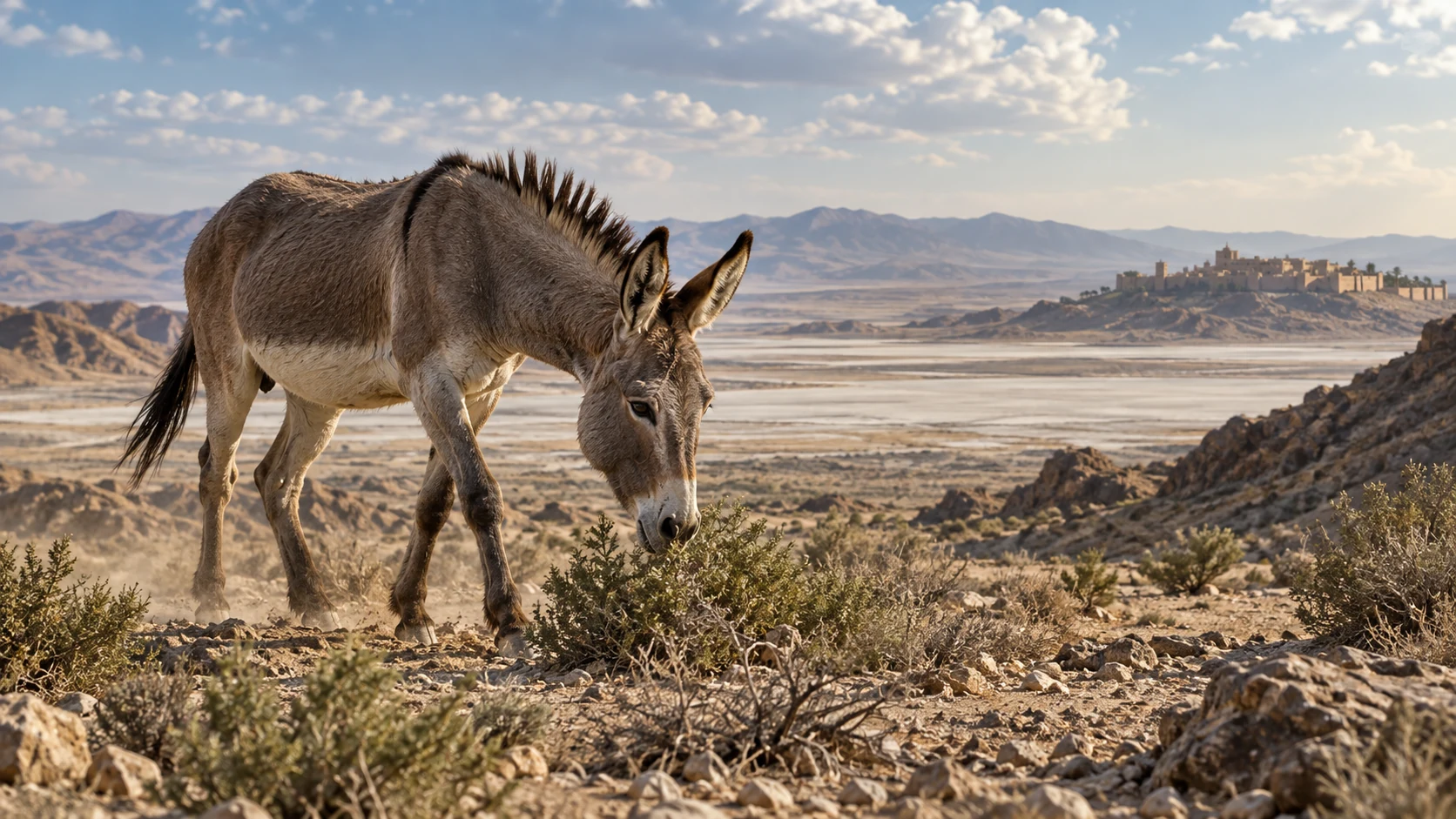 A wild donkey feeds among scrub far from the walls of an ancient settlement.