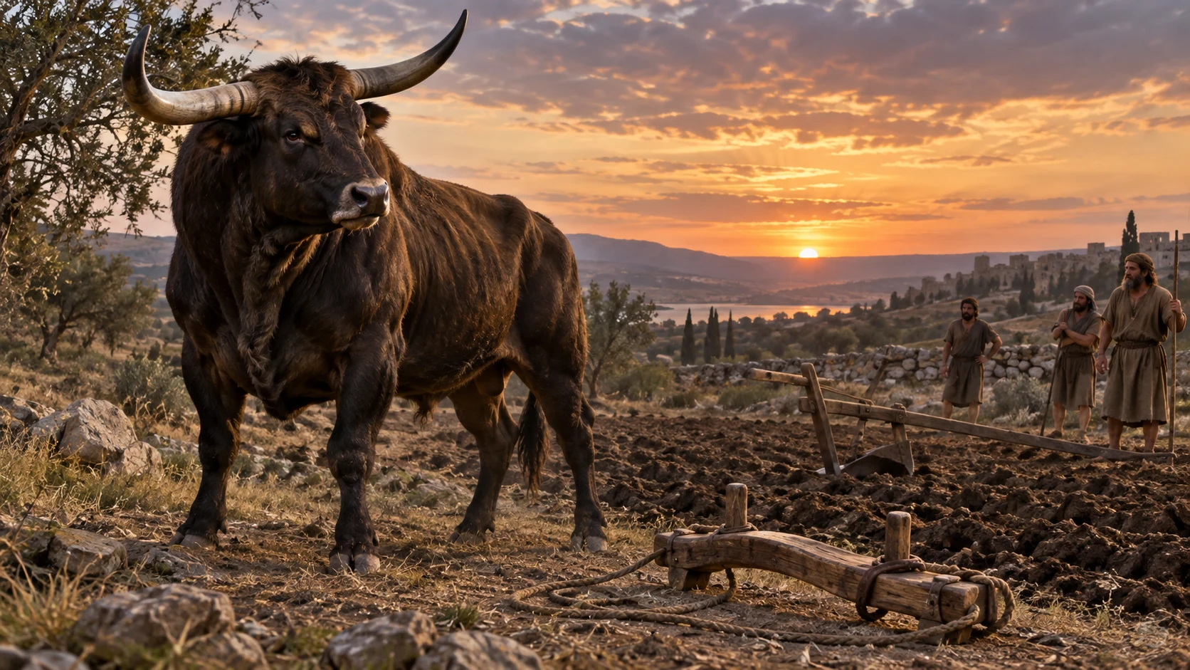 A powerful wild ox stands beside an unused yoke while farmers keep their distance.