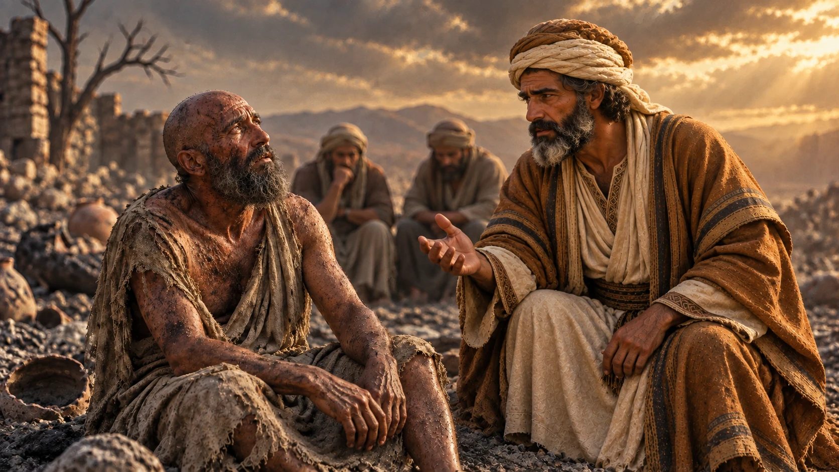 Eliphaz speaks to afflicted Job while the other friends listen.