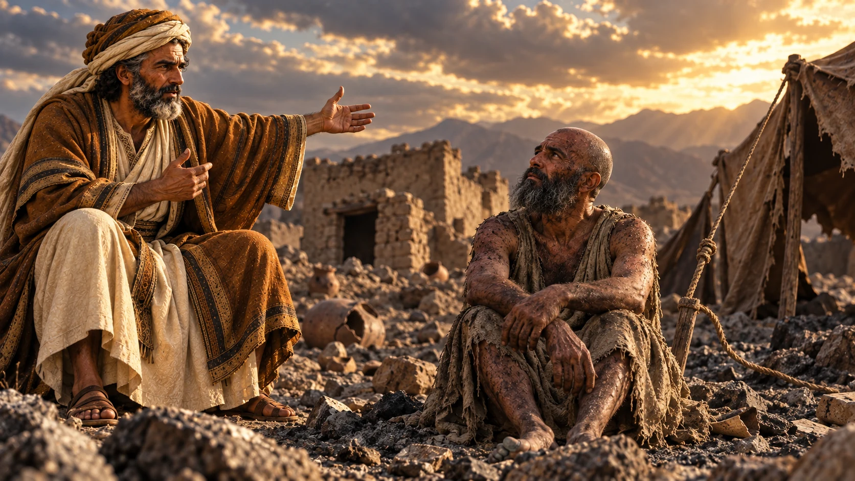 Eliphaz gestures toward clay dwellings and a fragile tent.