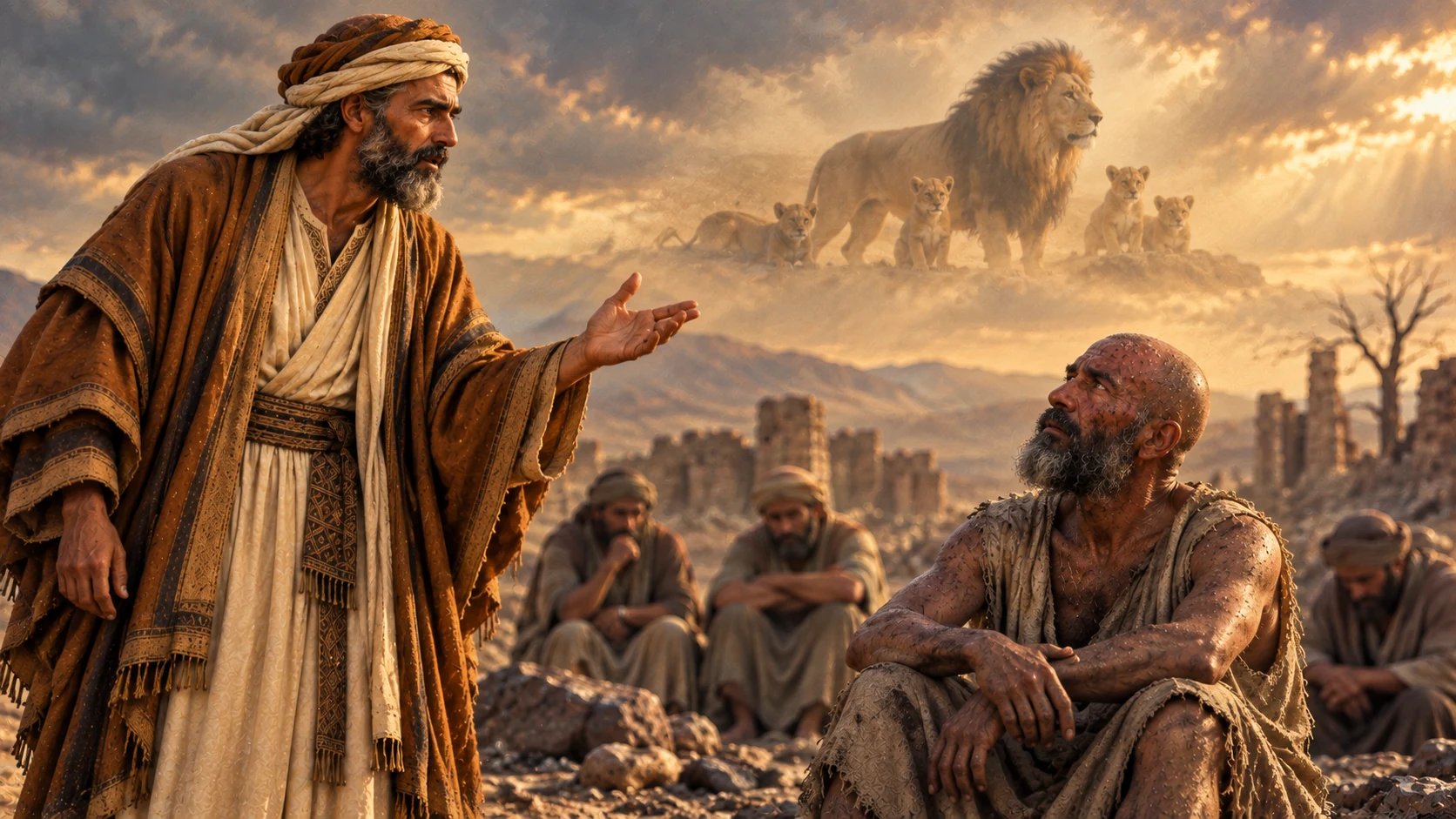 Eliphaz speaks to Job with lions as a symbolic image of his claim.