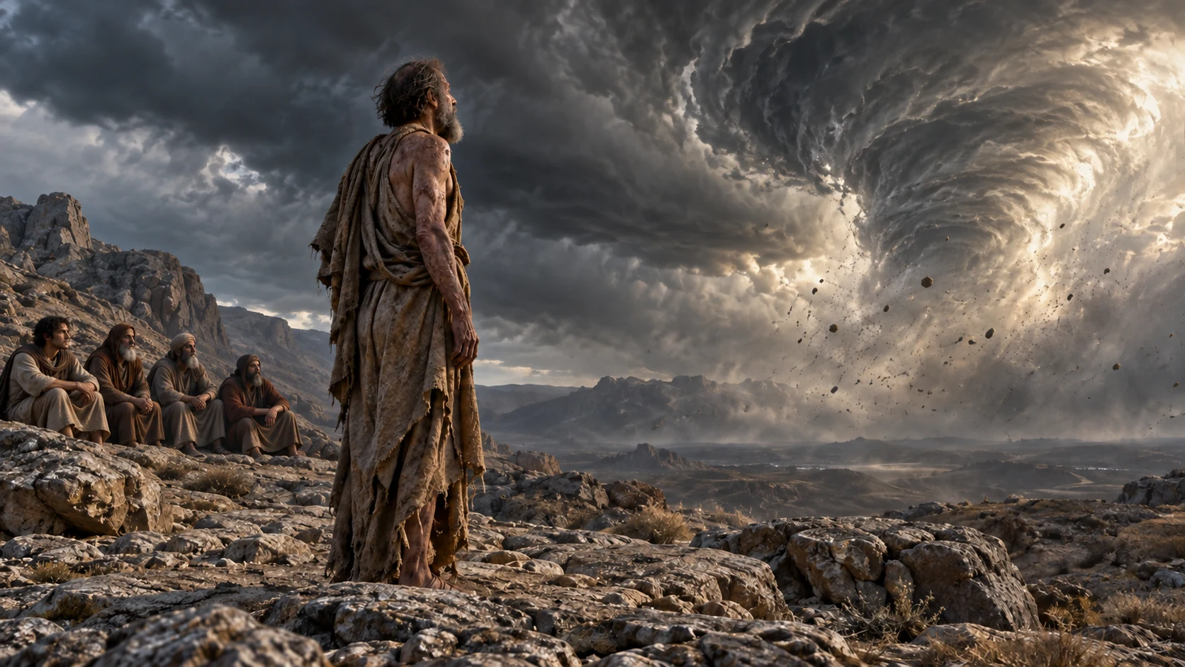Job stands before the continuing whirlwind while exactly four companions listen behind him.