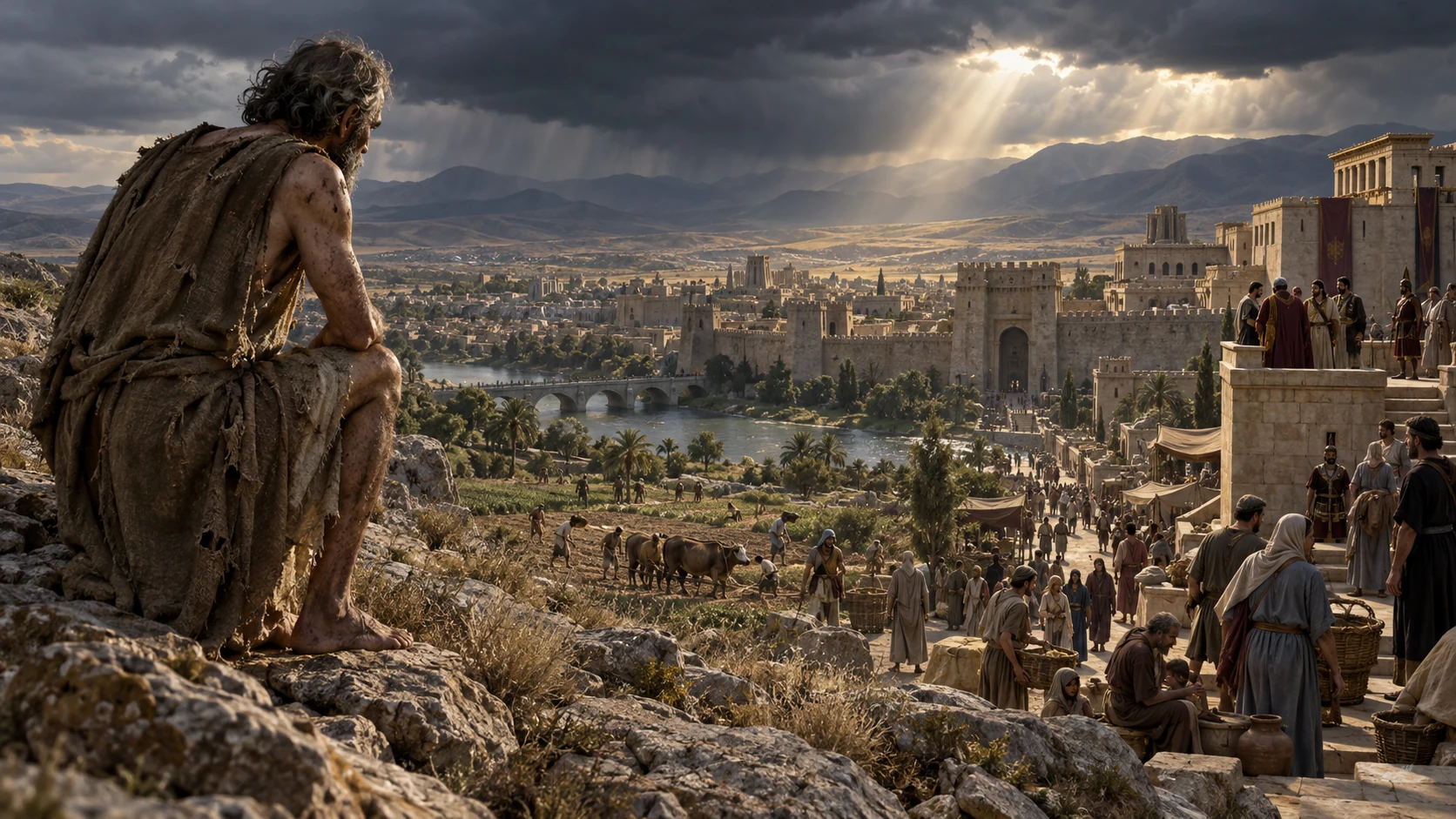 Job looks from a high ridge toward a city where rulers and laborers share one mortal world.