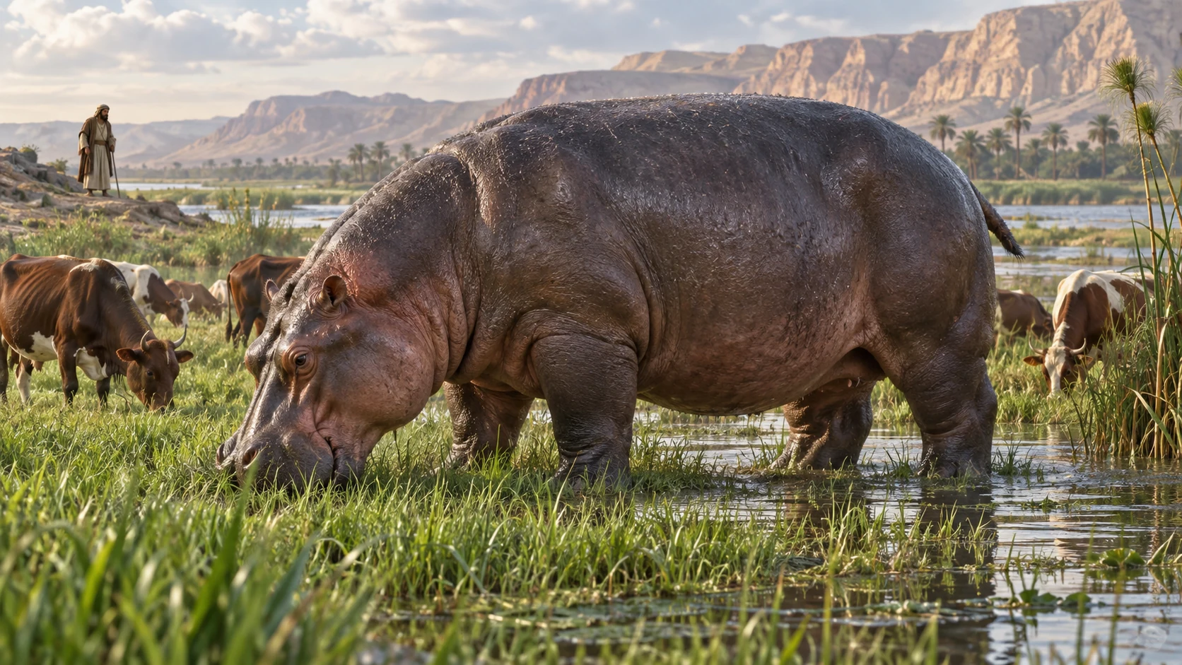 A colossal hippopotamus-like Behemoth grazes among river grass and cattle.
