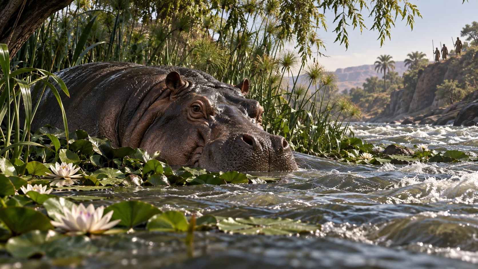 Behemoth rests in rushing water beneath river plants while observers remain far away.