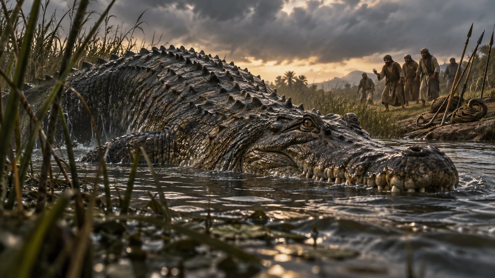 A colossal crocodile-like Leviathan surfaces as fishers retreat from the riverbank.