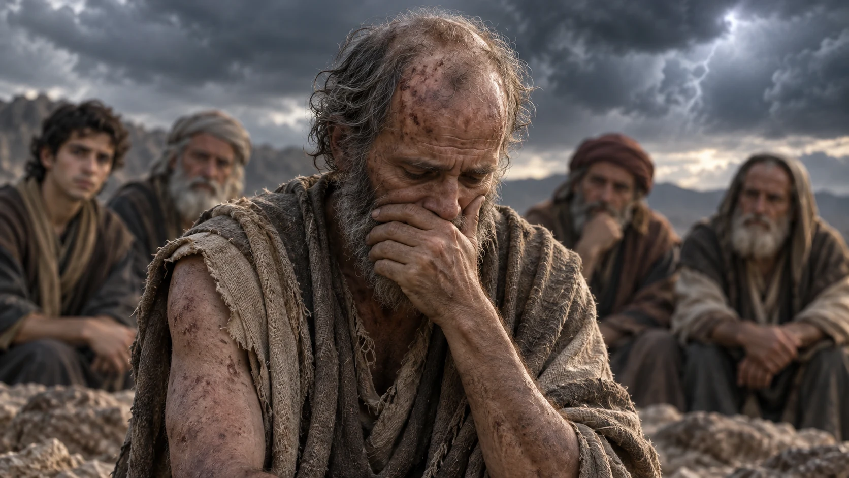 Job covers his mouth and lowers his head as exactly four companions watch quietly.