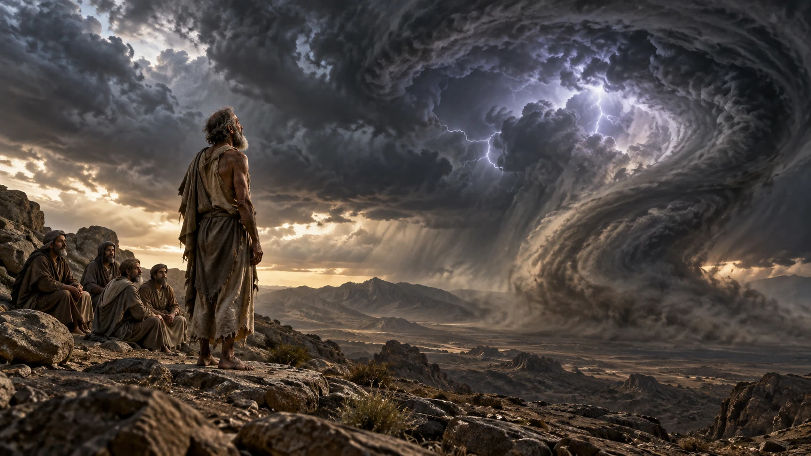 Job listens as lightning moves within the natural whirlwind above the plain.