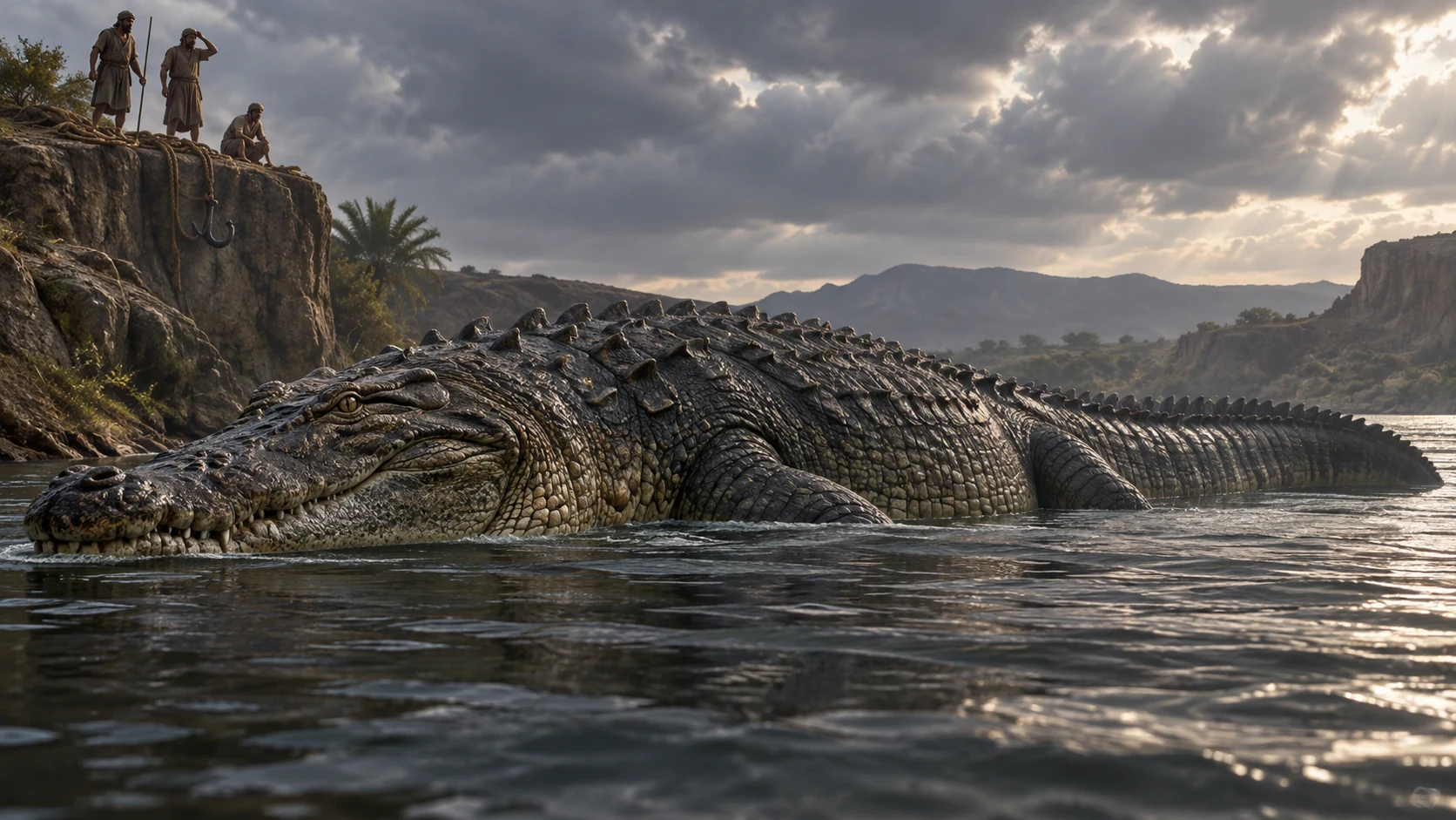 A colossal crocodile-like Leviathan rests in a river while fishers keep far back on a high bank.
