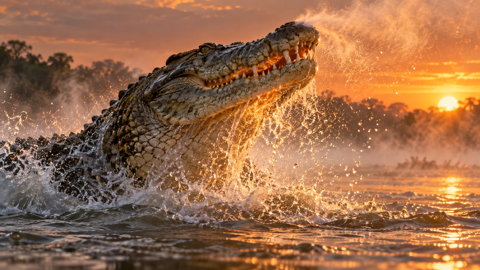 Sunlit spray and warm river mist flash around Leviathan as it rises at sunrise.