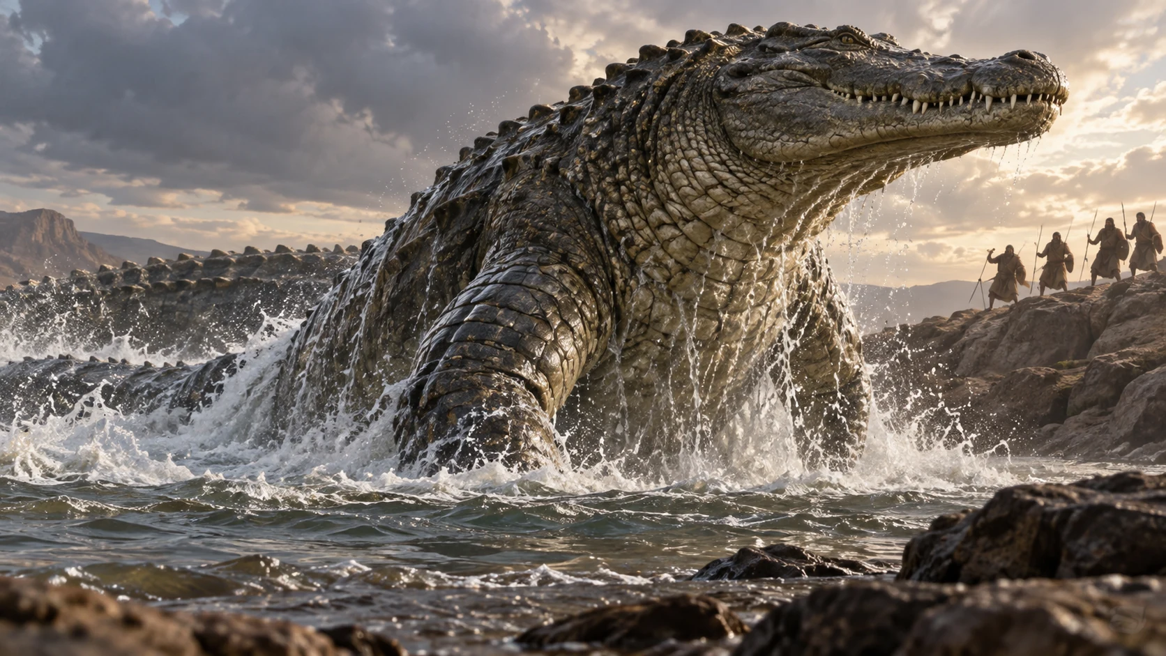 Leviathan drives through shallows while distant warriors recoil from the crash.