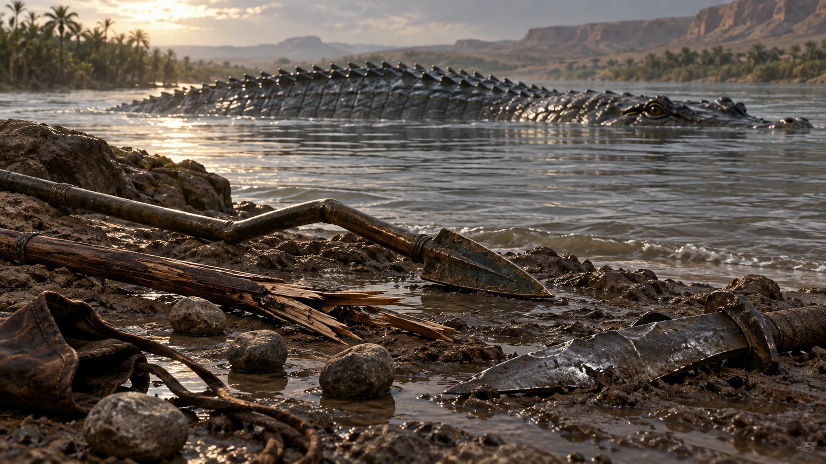 Bent and broken ancient weapons lie abandoned while Leviathan glides untouched beyond.