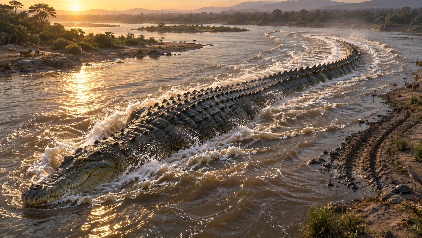 Leviathan churns a broad river into a long silver wake while animals remain distant.