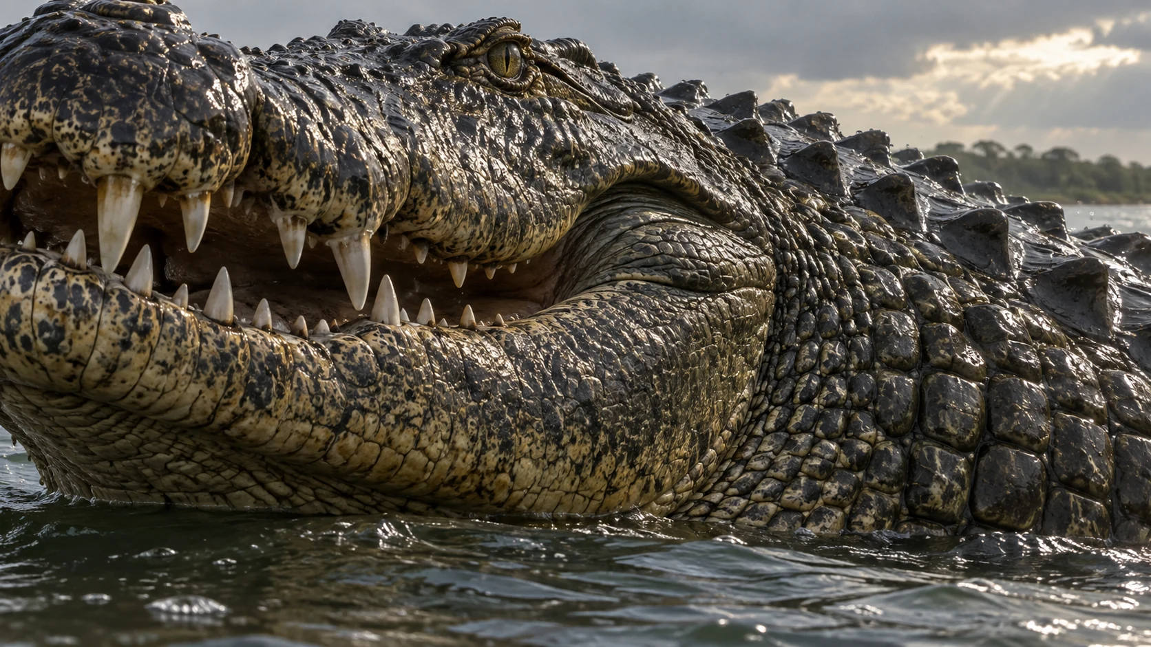 Leviathan’s partly open jaw and tightly interlocked scales fill the frame.