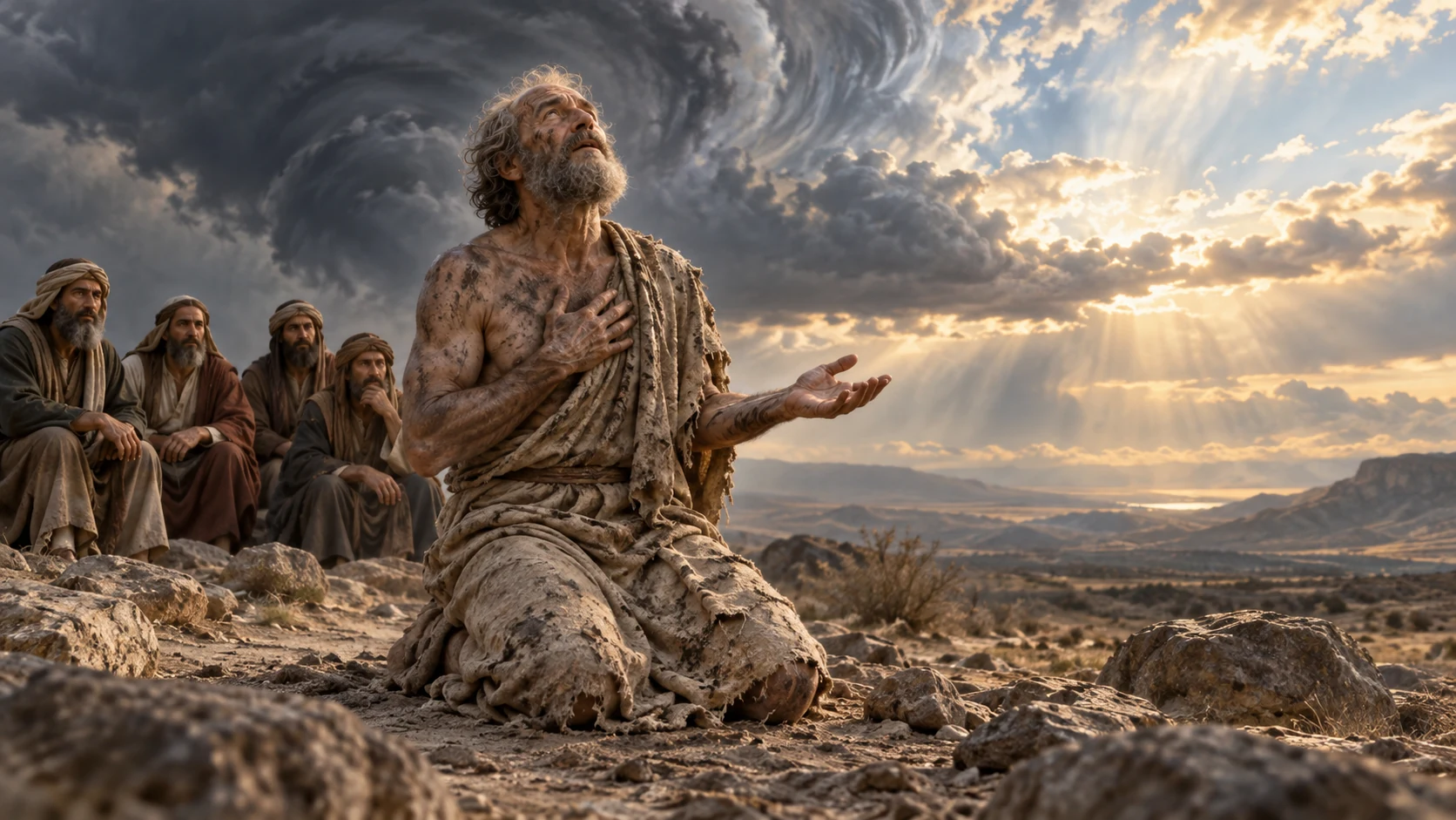 Job kneels in dust as the whirlwind recedes and exactly four companions listen behind him.
