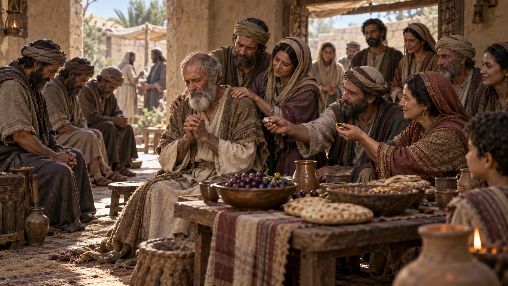 Job prays as relatives and old acquaintances gather for bread, sympathy, gifts, and comfort.