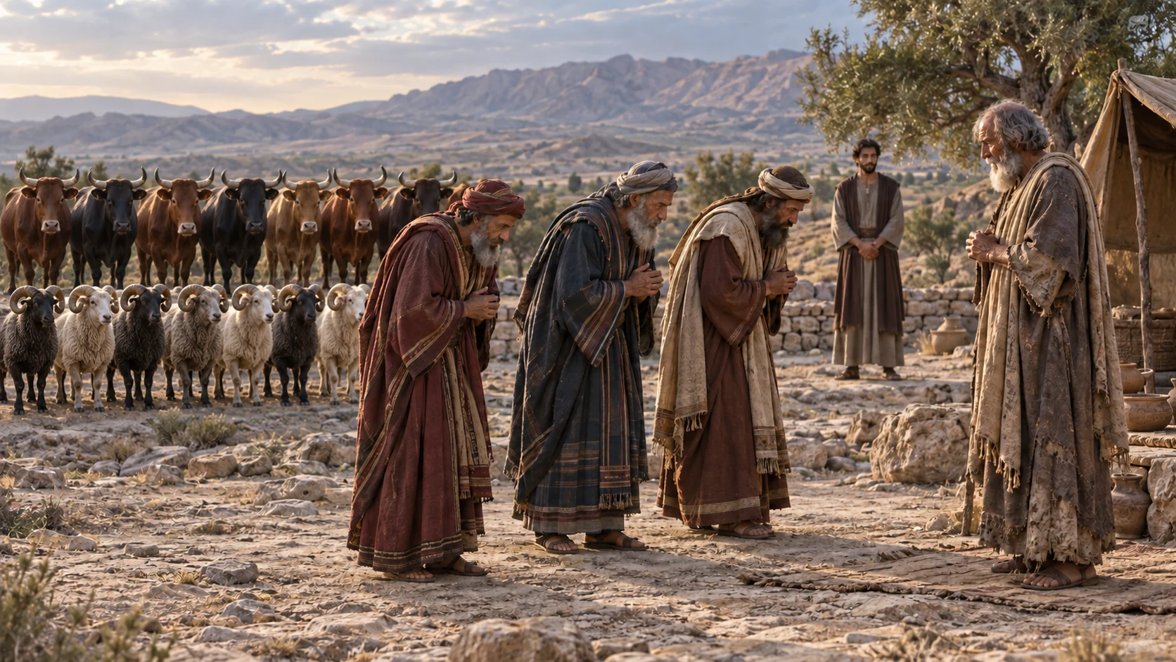 Eliphaz, Bildad, and Zophar bow before Job with seven bulls and seven rams prepared behind them.