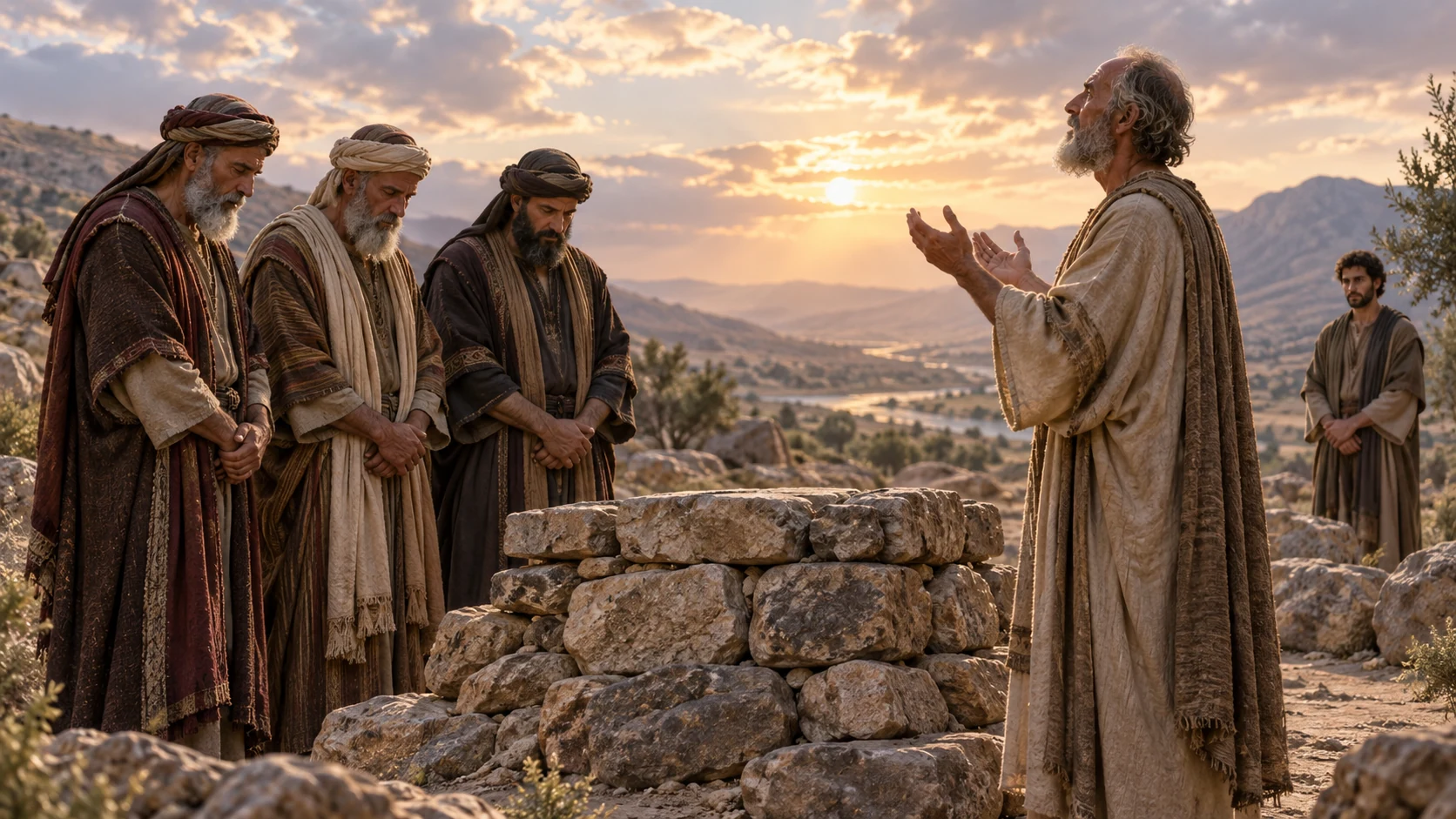Job prays beside the completed altar as Eliphaz, Bildad, and Zophar stand together in reconciliation.
