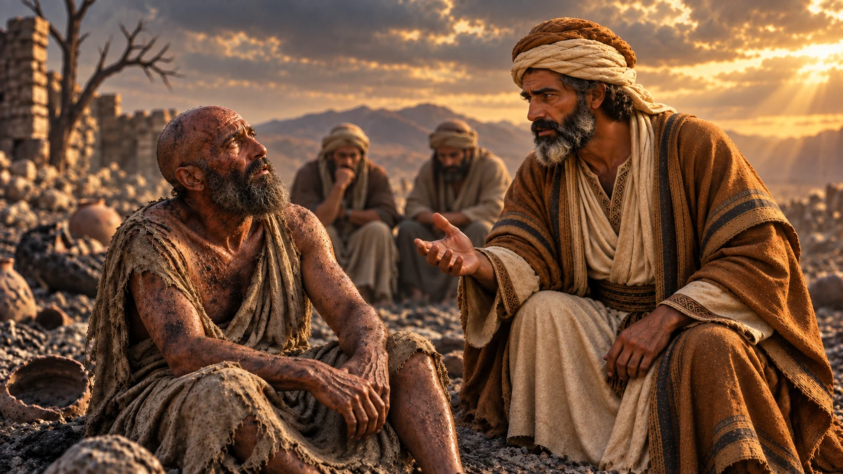 Eliphaz speaks to afflicted Job among ashes while the other friends listen.