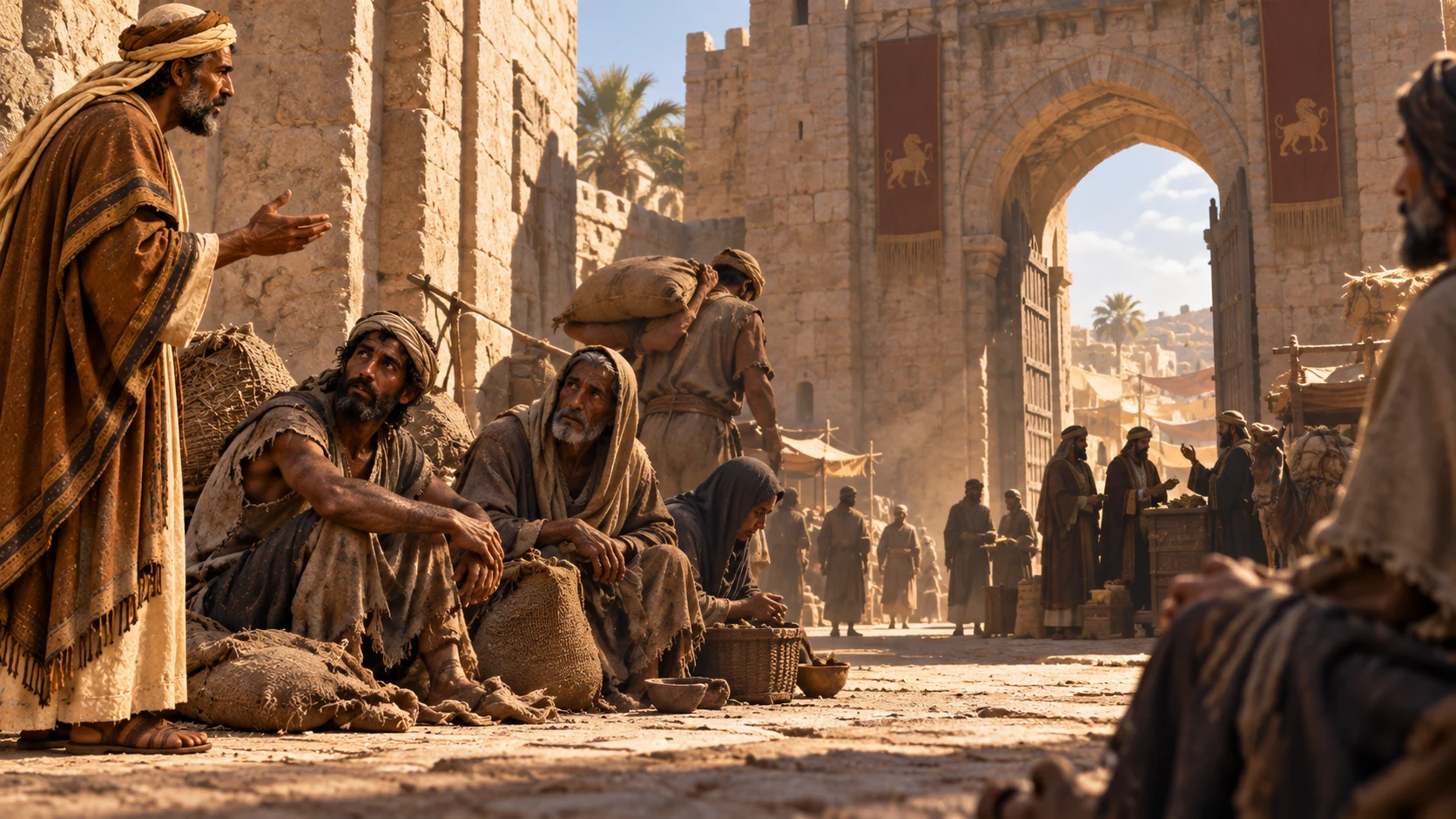 Eliphaz speaks beside needy people near an ancient town gate.