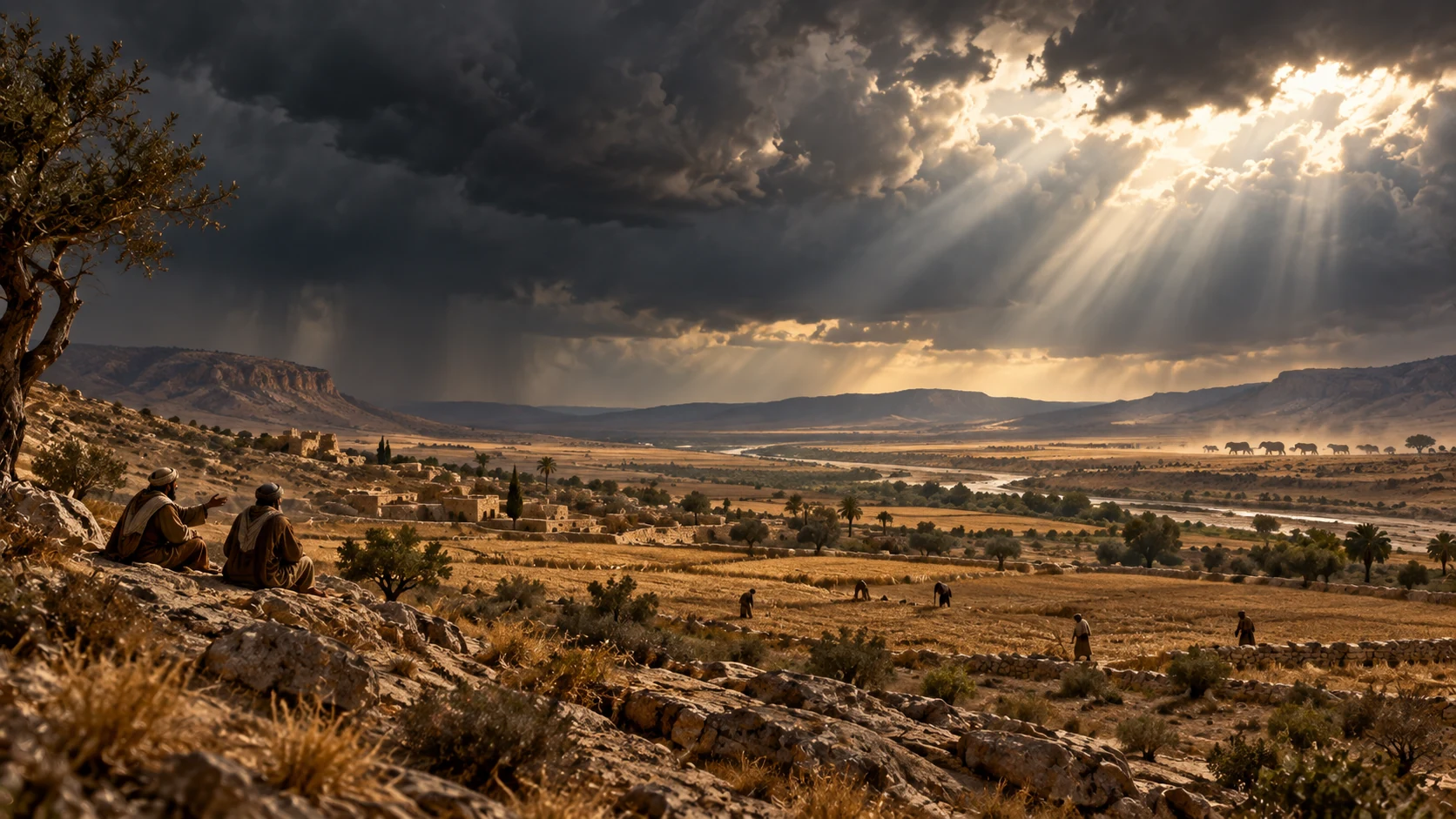 A wide landscape of fields and storms, with two small seated figures on the hillside.