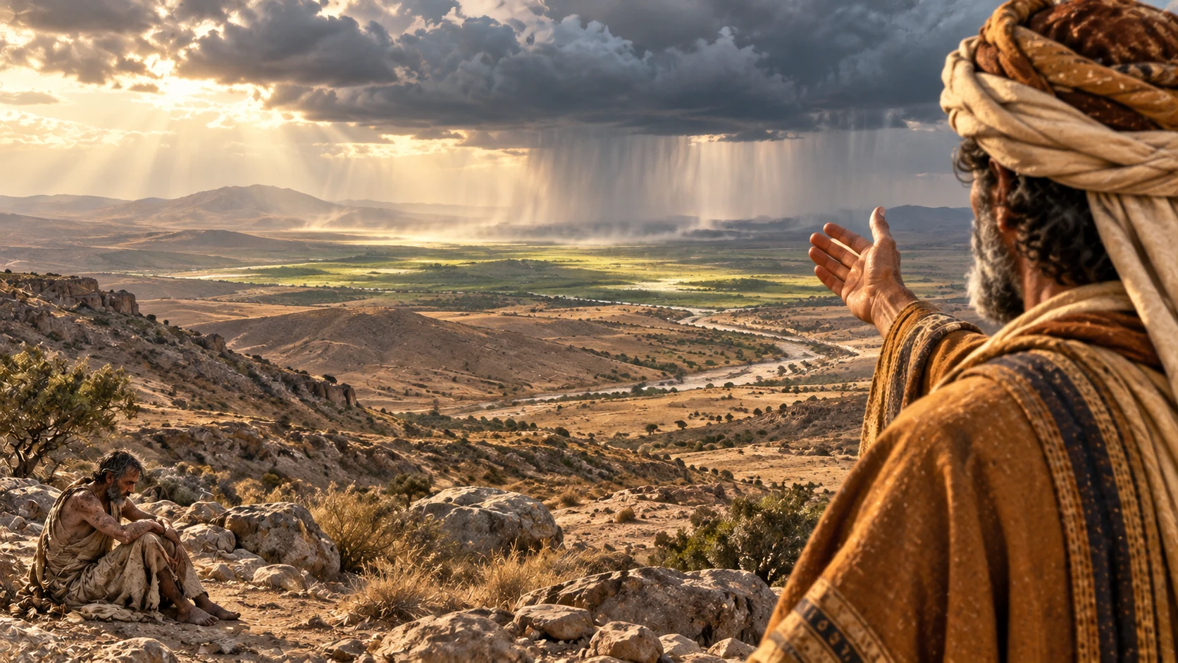 Over Eliphaz’s shoulder, rain falls in the distance while Job sits below.