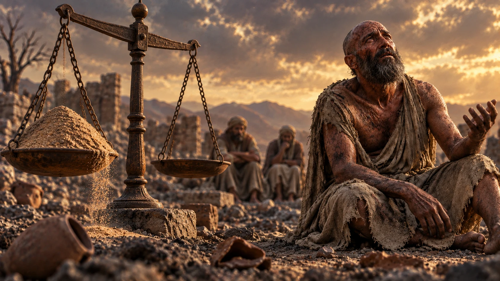 Job speaks beside a balance scale with sand symbolizing the weight of his grief.