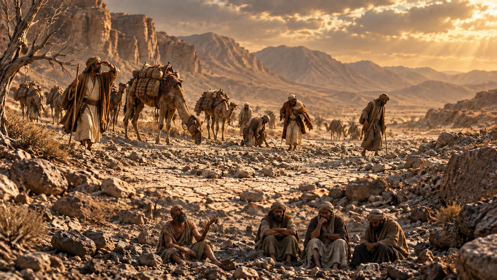 Travelers search for water in a dry wadi; Job and his friends appear small below.