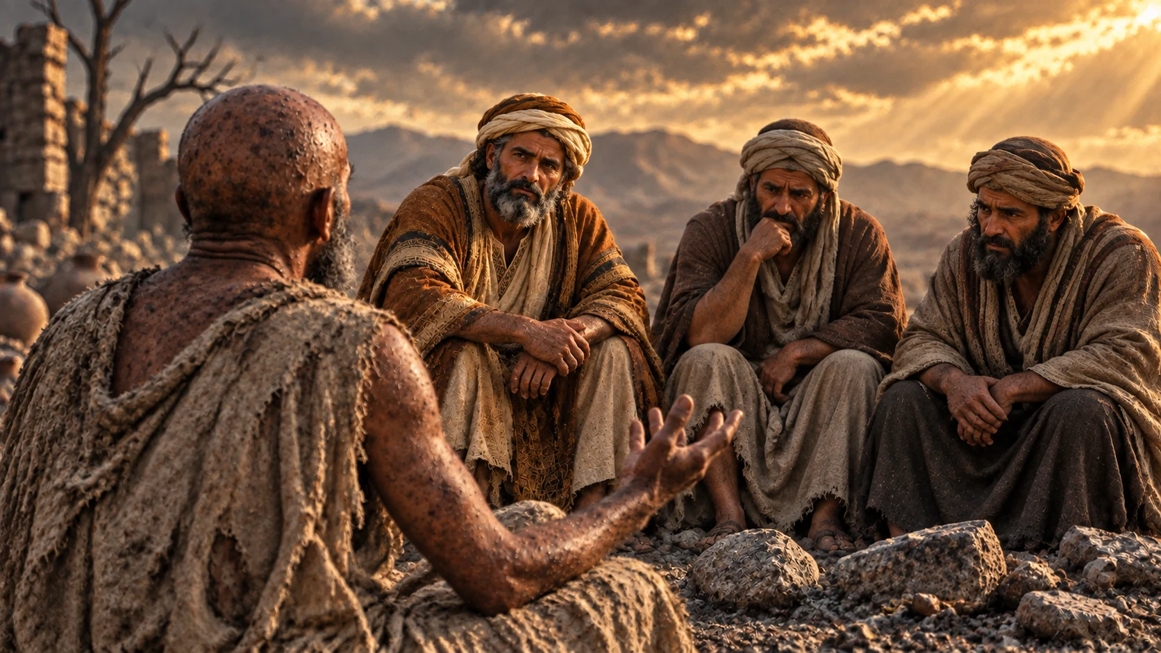 From behind Job, his three friends listen uneasily as he asks them for kindness.