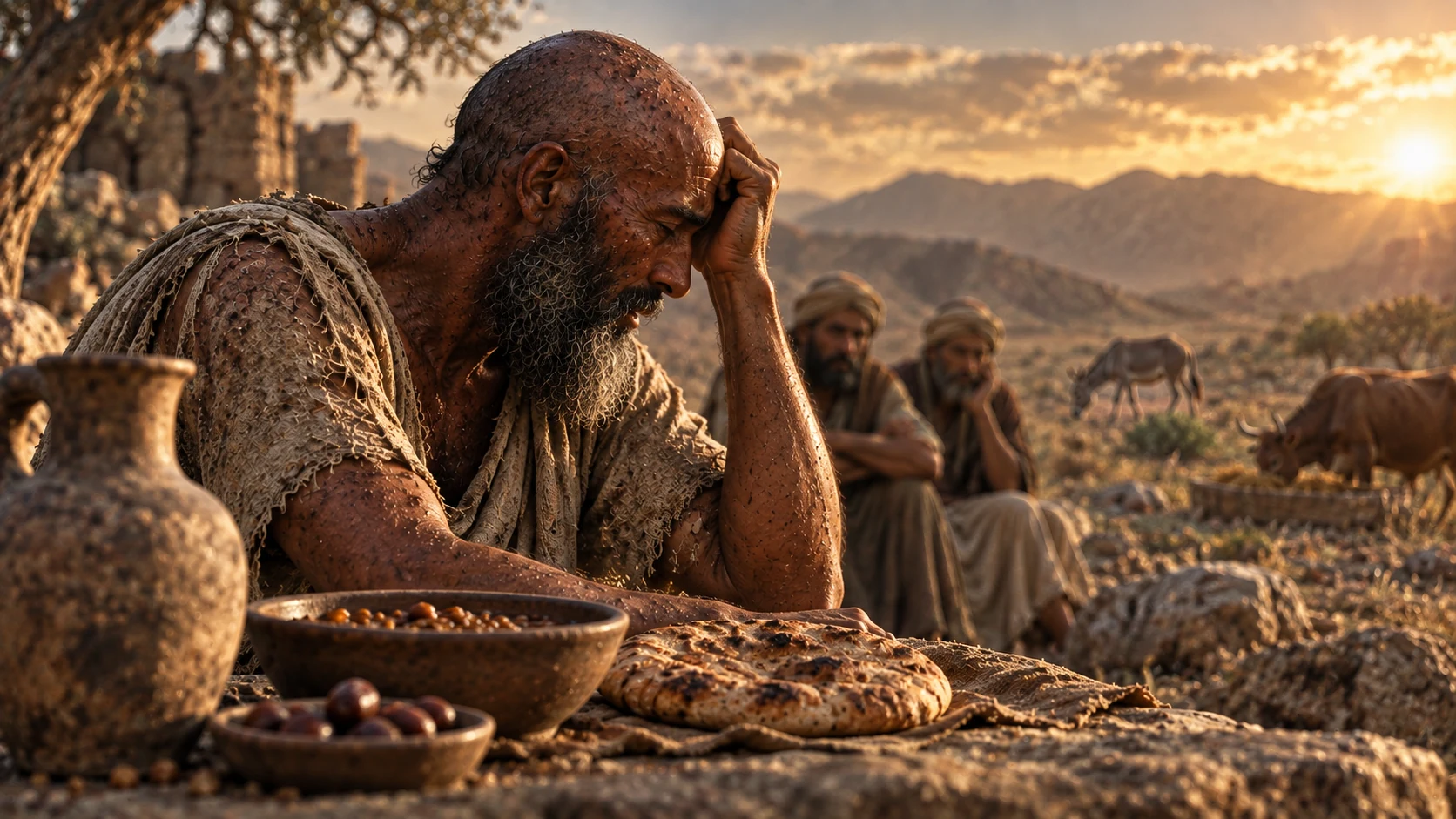 Job turns away from a sparse meal as his friends sit behind him.