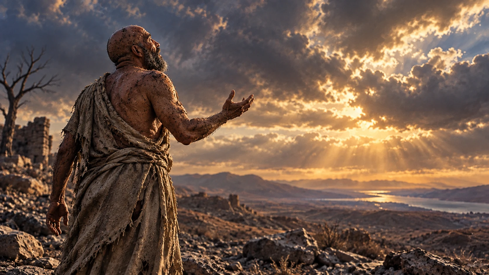 Job addresses the vast sky over a dry landscape and distant water.