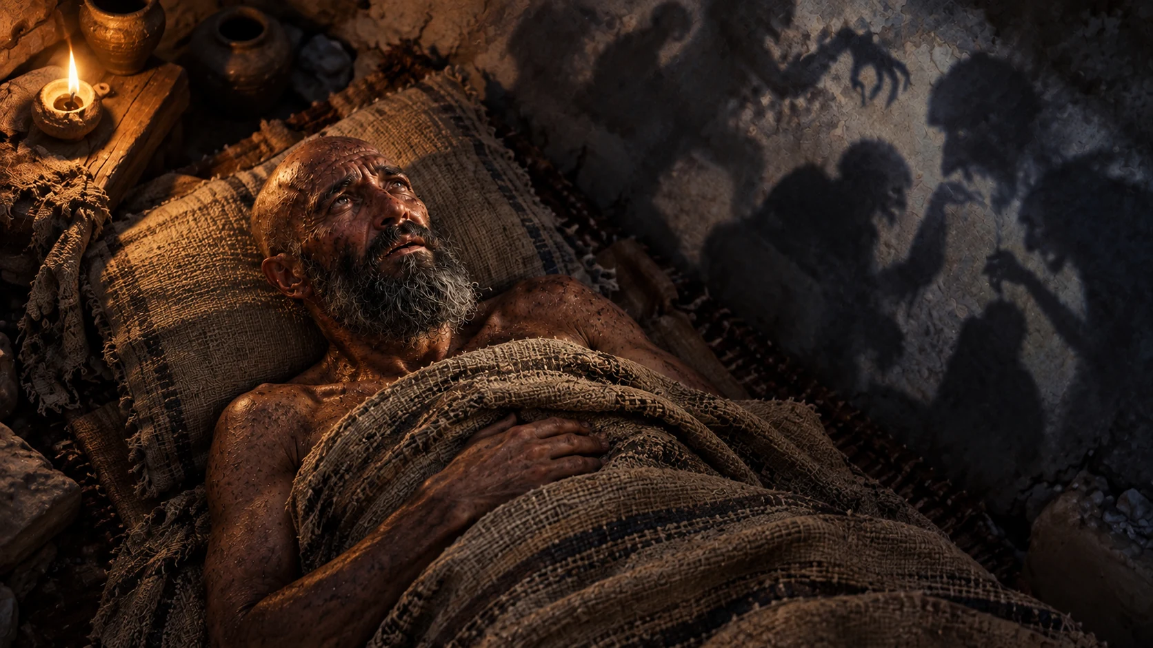 Job lies awake beneath coarse bedding as unsettling shadows fall across the wall.