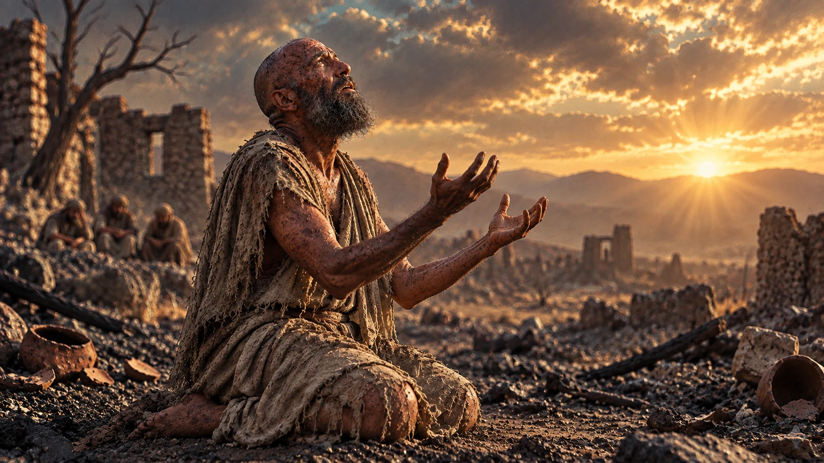 Job kneels among ashes at sunrise and raises his hands while asking his questions.