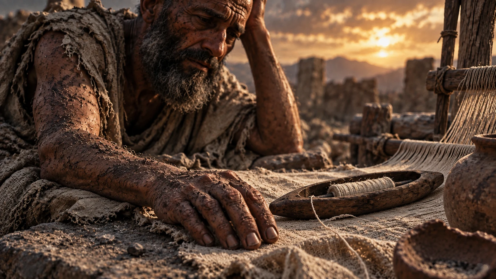 Job rests a weathered hand near a weaver’s shuttle and unfinished cloth.