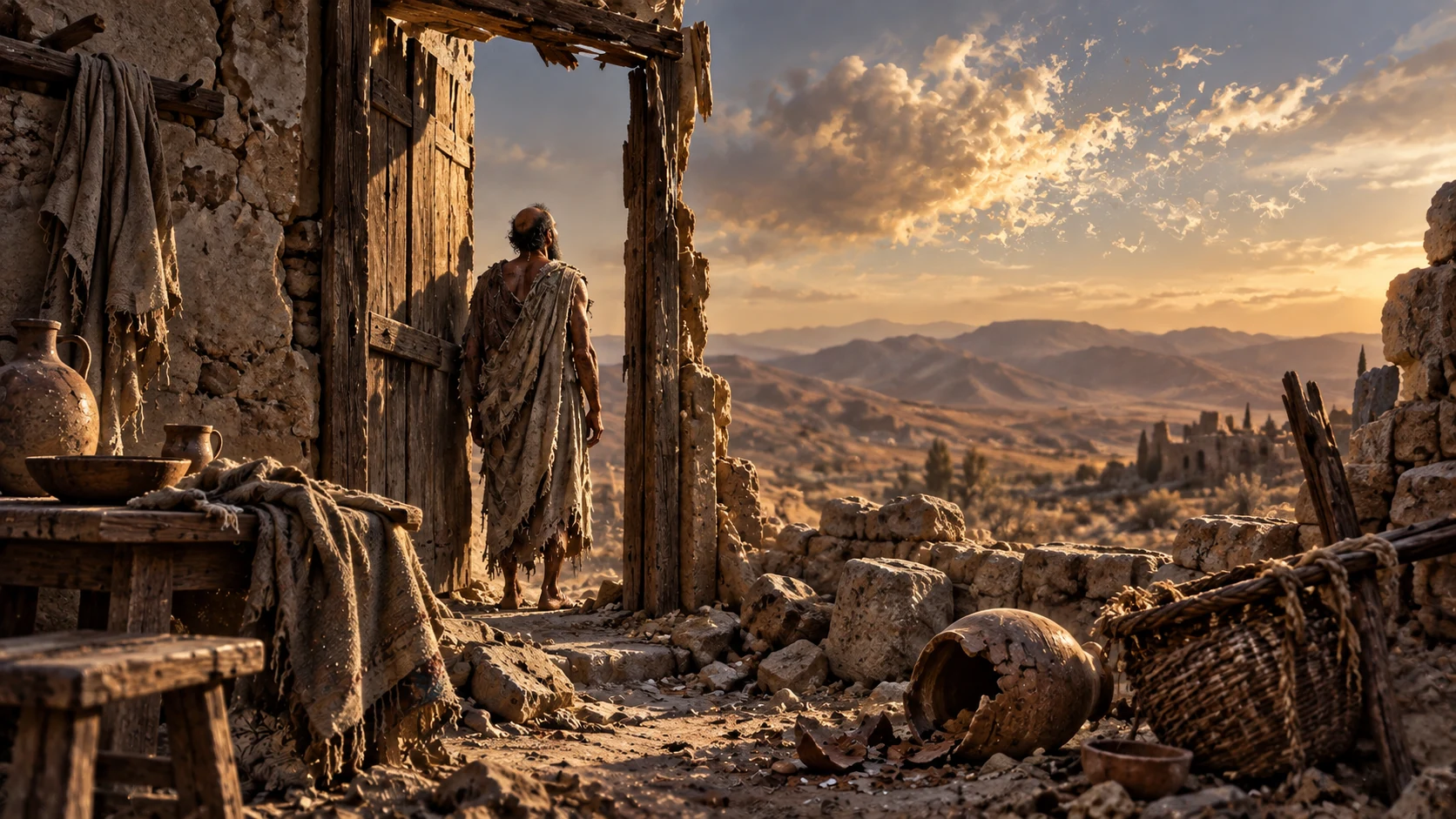 Job stands at the threshold of his damaged home beneath a fading cloud.